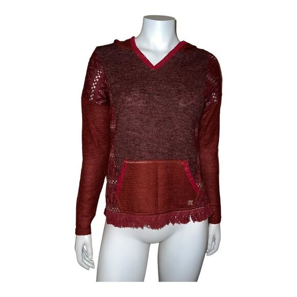 Miss Me Red Knit Sweater Hoodie Fringe Metallic Foil Sequin Small NWT - Picture 1 of 7